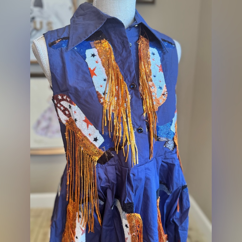 New! QUEEN OF SPARKLES Blue and Orange Boot Fringe Mini Dress - Picture 4 of 10